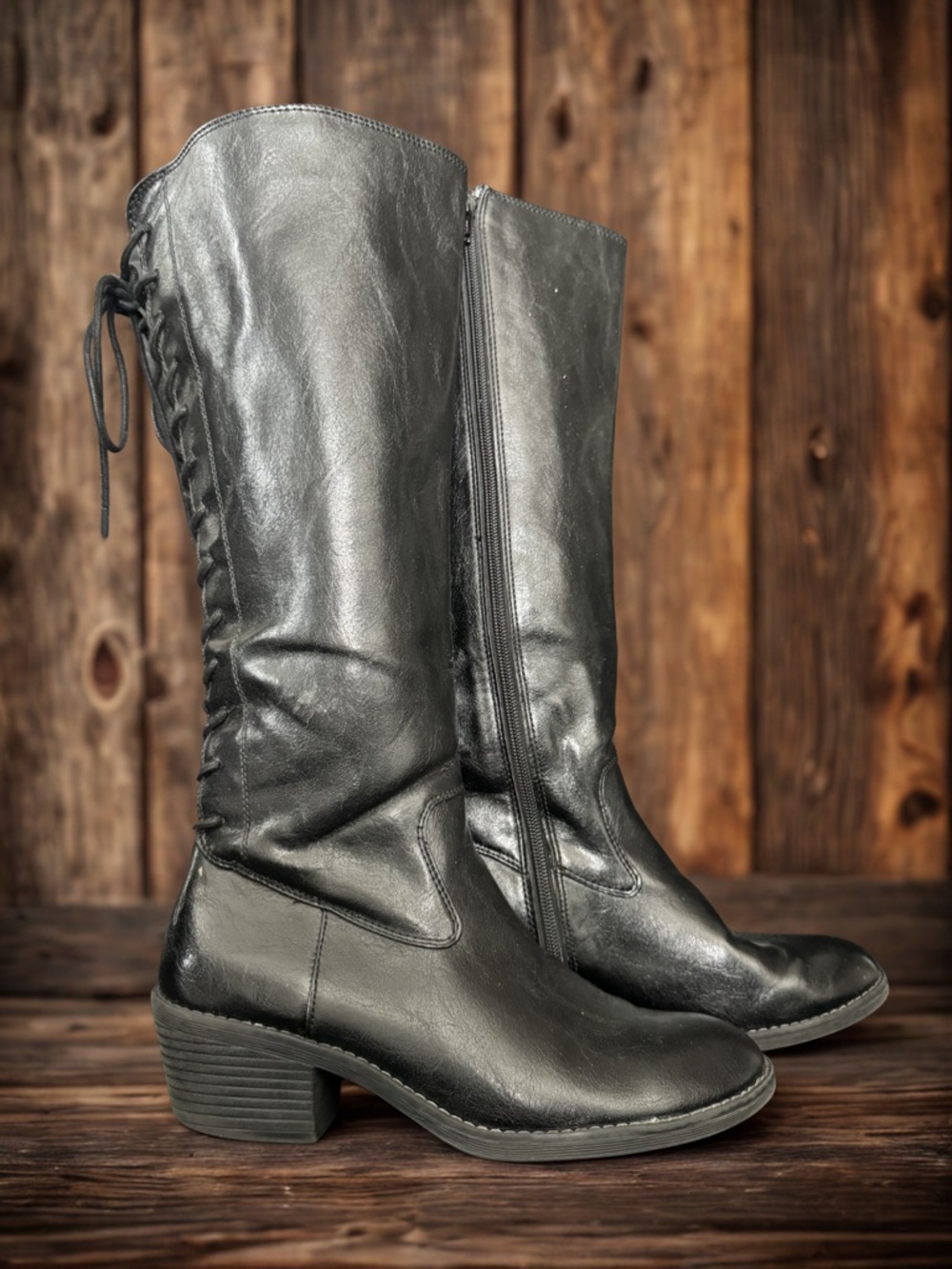 Women’s Black Leather Mid-Calf Heeled Boots with Lace-Back Detail